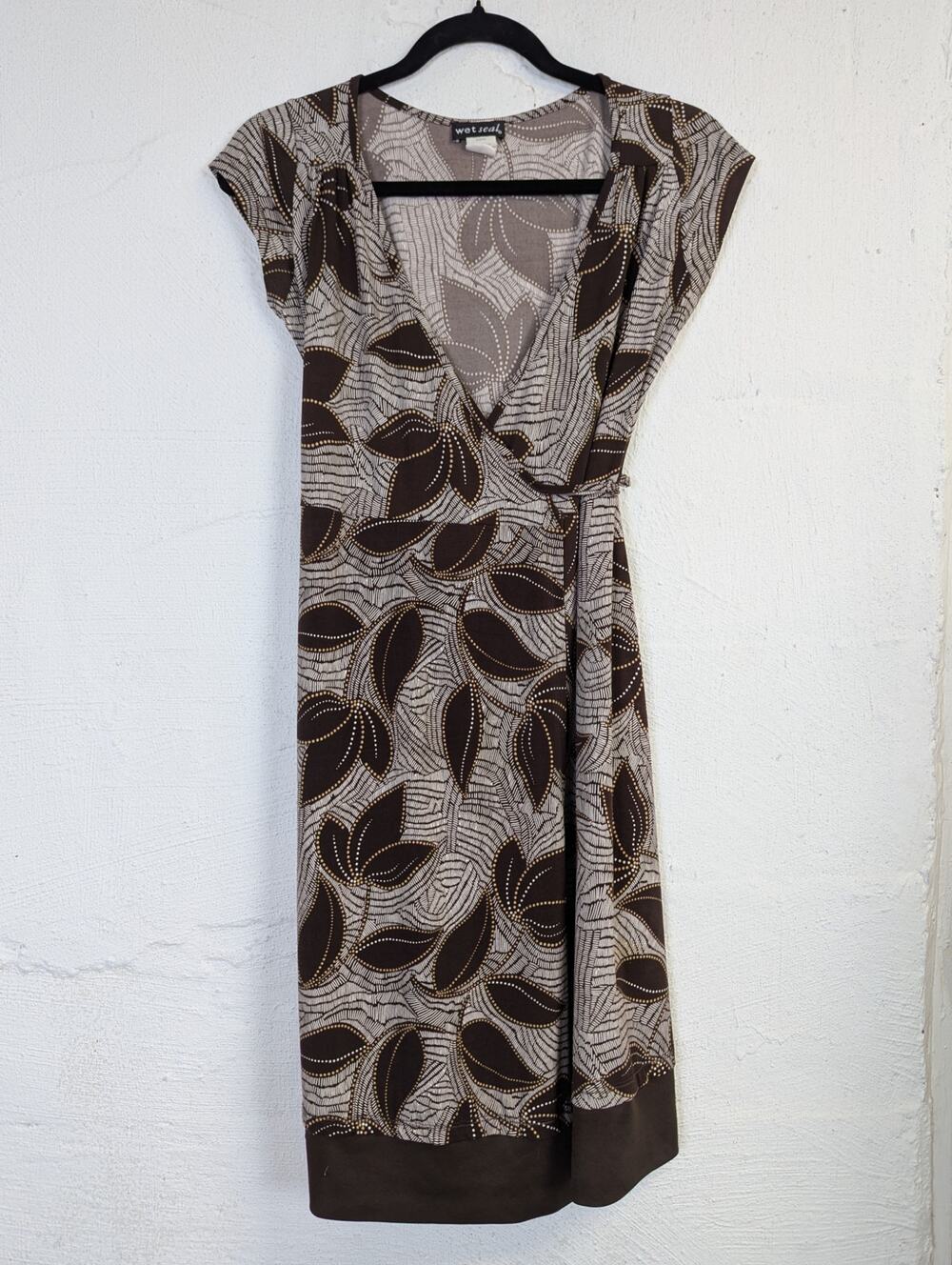 Y2K Wet Seal Wrap Dress Womens Small Brown Floral Slinky Flowy Earthy Hippie